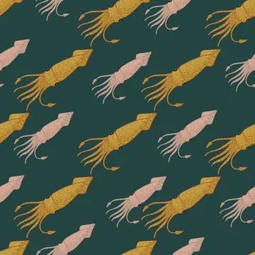 Nature sea seamless pattern with pink and yellow pale squids silhouettes on t Stock Illustration