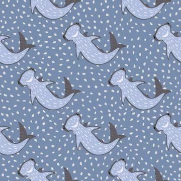 Nature seamless doodle pattern with blue cartoon hammerhead sharks. Animal pr Illustrazione stock