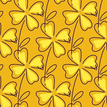 Nature seamless doodle pattern with yellow four-leaf clover ornament. Orange  Illustrazione stock