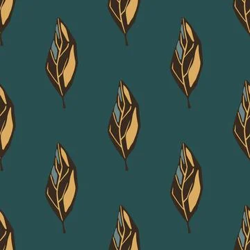 Nature seamless pattern with autumn brown leaves silhouettes. Turquoise dark  イラスト素材