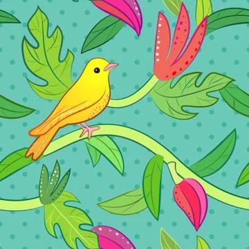 Nature seamless pattern with bird and leaf Illustrazione stock