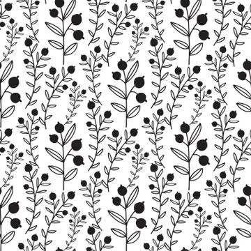 Nature seamless pattern in black and white colors. Branches and berries. Vect Stock Illustration
