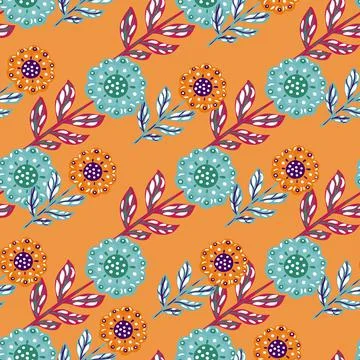 Nature seamless pattern with botanic blue folk flowers elements print. Orange 스톡 일러스트