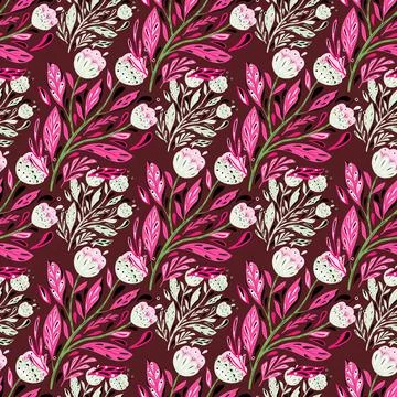 Nature seamless pattern with botanic folk bouquet flowers elements. Maroon ba イラスト素材