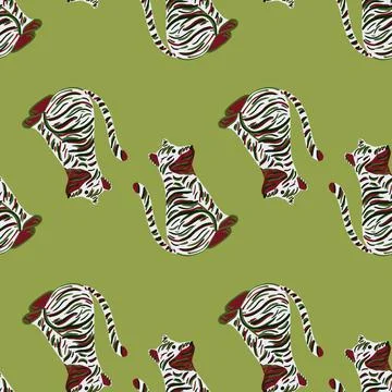 Nature seamless pattern with brown and grey colored tiger silhouettes. Green  Stock Illustration