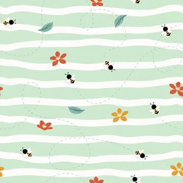 Nature seamless pattern with cute bees flying on beautiful blooming flowers g Illustrazione stock