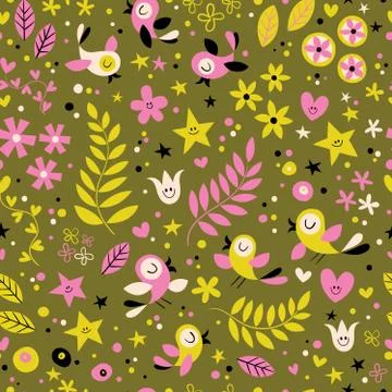 Nature seamless pattern with cute birds flowers stars Stock Illustration