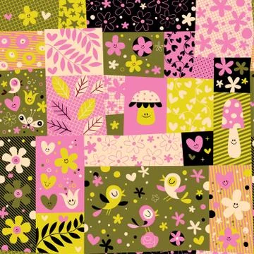 Nature seamless pattern with cute birds flowers mushrooms Illustrazione stock