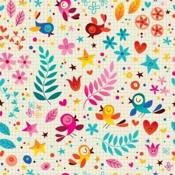 Nature seamless pattern with cute birds flowers stars Stock-Illustration