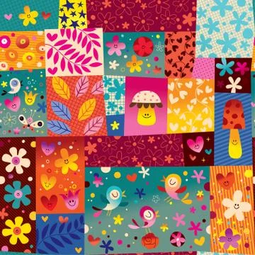 Nature seamless pattern with cute birds flowers mushrooms Illustrazione stock