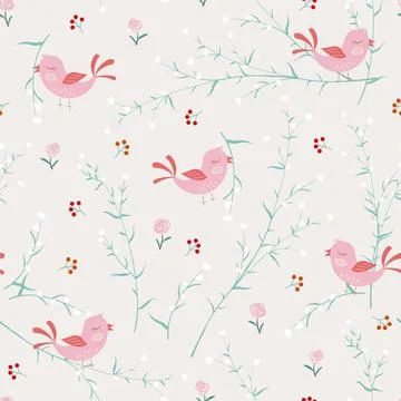 Nature seamless pattern with cute birds happy on sweet garden Stock Illustration