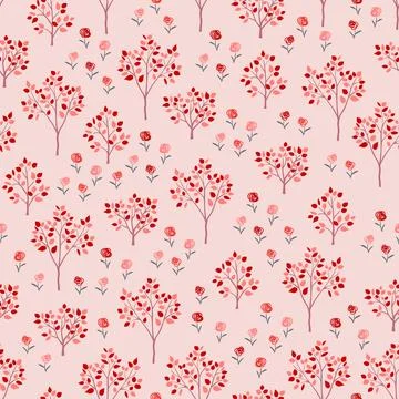 Nature seamless pattern with cute blooming flowers on red and pink tone Stock Illustration