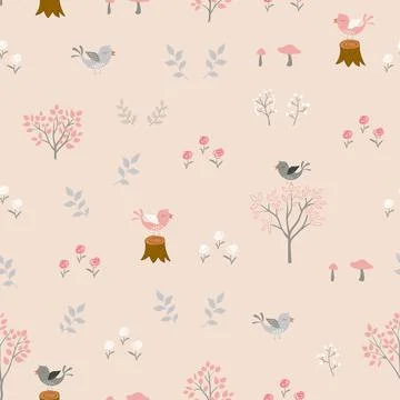 Nature seamless pattern with cute cartoon birds happy on the garden,design fo Stock Illustration