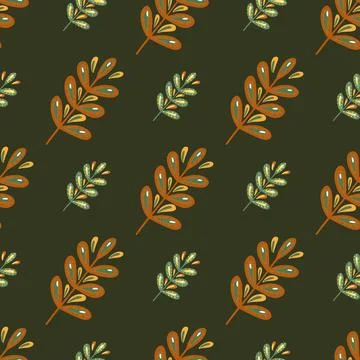 Nature seamless pattern in dark tones with doodle leaf branch ornament. Brown Illustrazione stock