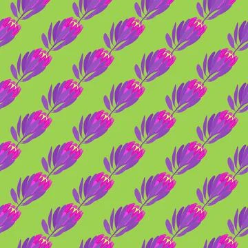 Nature seamless pattern with diagonal protea flowers silhouettes. Bright gree Stock Illustration
