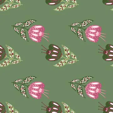 Nature seamless pattern with doodle pink colored folk flower elements. Green  イラスト素材