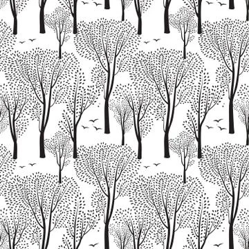 Nature seamless pattern. Forest background. Trees, birds wallpaper Stock Illustration