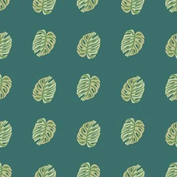 Nature seamless pattern with green monstera elements print. Turquoise backgro Illustrazione stock