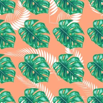 Nature seamless pattern. Hand drawn abstract tropical summer background: palm Stock Illustration