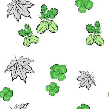 Nature seamless pattern. Hand drawn acorn, shamrock and maple leaf. Illustrazione stock