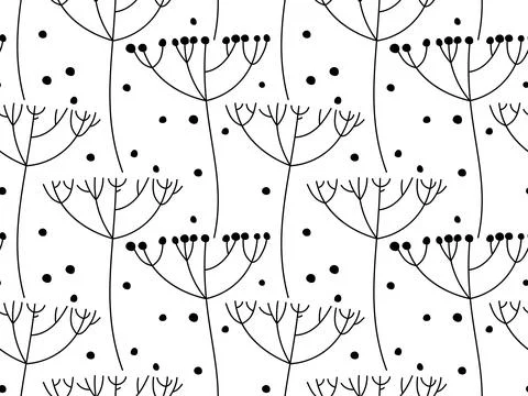 Nature seamless pattern. Linear black white doodle sketch. Hand drawn vector Illustrazione stock