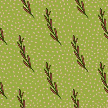 Nature seamless pattern with outline pink herbal twigs ornament. Green dotted Illustrazione stock
