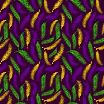 Nature seamless pattern of palms or feather. Color of Mardi Gras. Stock Illustration
