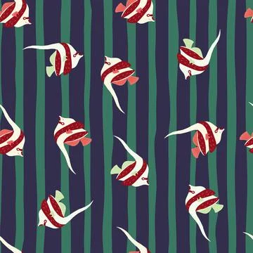 Nature seamless pattern with random decorative imperial angelfish print. Blue Stock Illustration