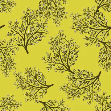Nature seamless pattern with random forest tree shapes. Yellow background. De Illustrazione stock
