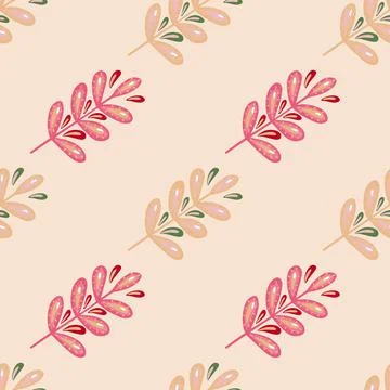 Nature seamless pattern with simple style pink colored leaf branches shapes.  Illustrazione stock