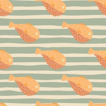 Nature seamless pattern with wild eotic orange fugu fish silhouettes print. G Stock Illustration