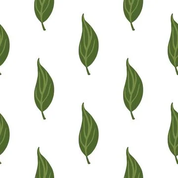 Nature seamless simple pattern with green leaves doodle elements. White backg Stock Illustration