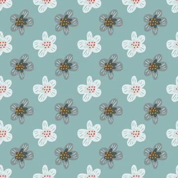 Nature seamless summer pattern with simple flowers bud ornament. Turquoise ba Stock Illustration