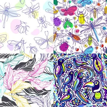 Nature set. Vector seamless pattern. Exotic bird, tropical leaf, graphic jung Illustrazione stock