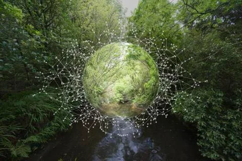 Nature sphere hovering over river in forest Ilustração Stock
