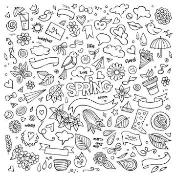 Nature spring hand drawn vector symbols and objects Stock Illustration