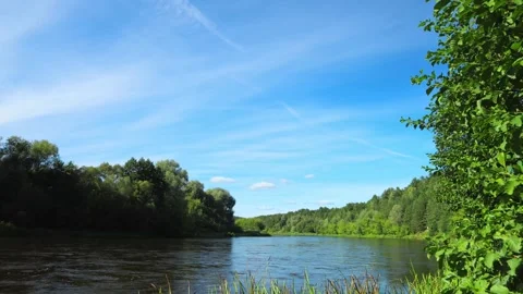 Nature timelapse: clouds against a blue sky, river, and forest Stock Footage 331887035