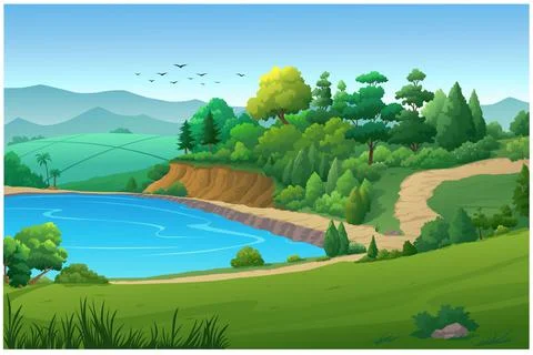 The nature trail has both trees and mountains along the lake. Stock Illustration