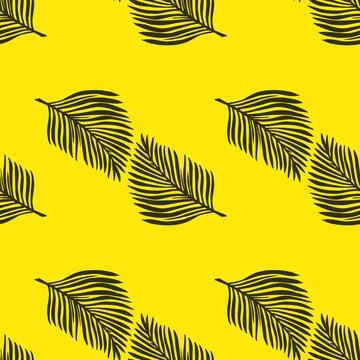 Nature tropic seamless pattern with black fern leaf silhouettes. Yellow backg Stock Illustration