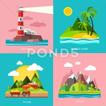 Nature various subjects lighthouse, island, farm, mountain. Vector in flat Stock Illustration