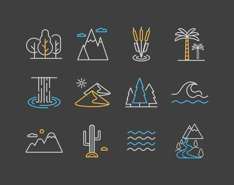 Nature vector icons set on dark background Stock Illustration