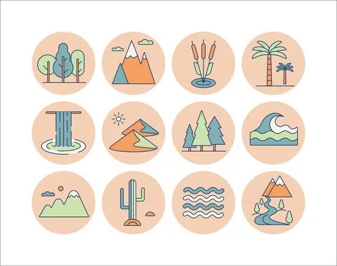 Nature vector icons set. Landscape sign Stock Illustration