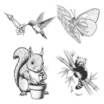 Nature vector set with hummingbird squirrel gardening butterfly and red panda Stock Illustration