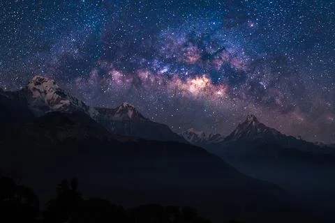 Nature view of Himalayan mountain range with universe space of milky way galaxy Photos