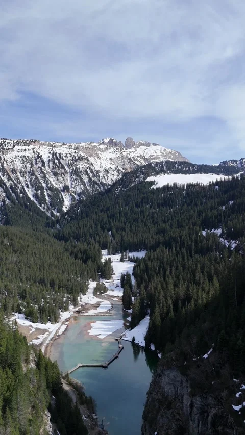 Nature view of lake Lac de la Rosiere by spring in Courchevel ski resort Stock Footage 334303247