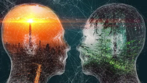 Nature vs technology, forest and city in human head, negative space Stock Footage 138458874
