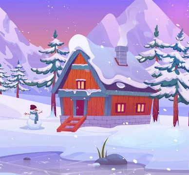 Nature winter landscape. Cold season scenery. Snowy trees. Wooden house. Fr.. Stock Illustration
