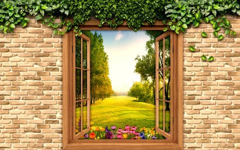 Nature,Scenery,Wallpaper,Through,3d,Window Stock Illustration