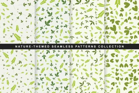 Naturethemed seamless patterns collection with green leaves and wheat stalks Stock Illustration