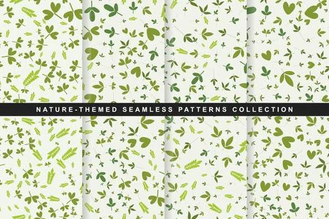Naturethemed seamless patterns collection with green leaves and plants Stock Illustration